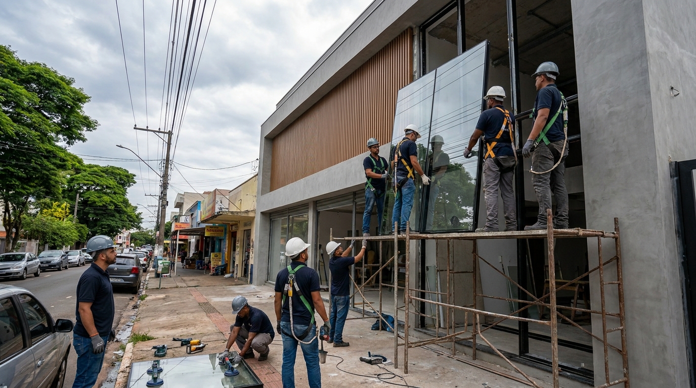 Fachada de vidro com andaime lateral em Araraquara-SP