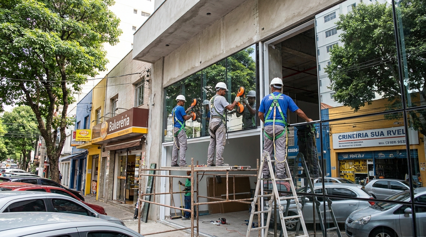 Fachada de vidro com confeitaria vizinha em Araraquara-SP