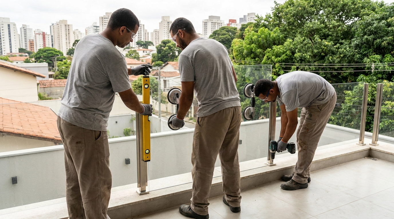 Guarda-corpo em terraço alto com vista cidade em Araraquara-SP