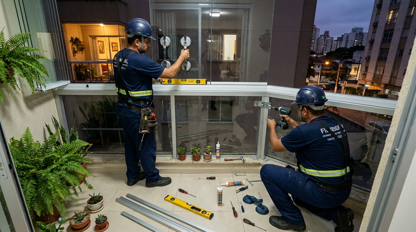Instalação noturna de parede de vidro em Araraquara-SP