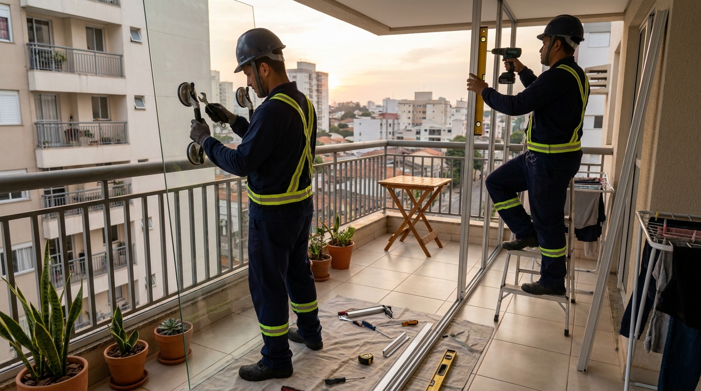 Instalação de parede de vidro em sacada em Araraquara-SP