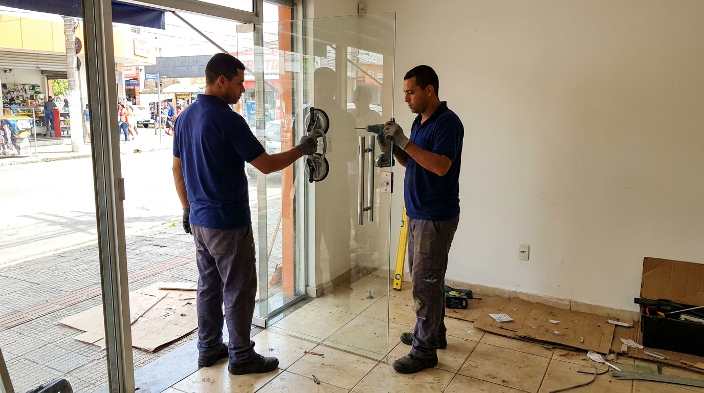Porta de vidro de loja em rua movimentada em Araraquara-SP
